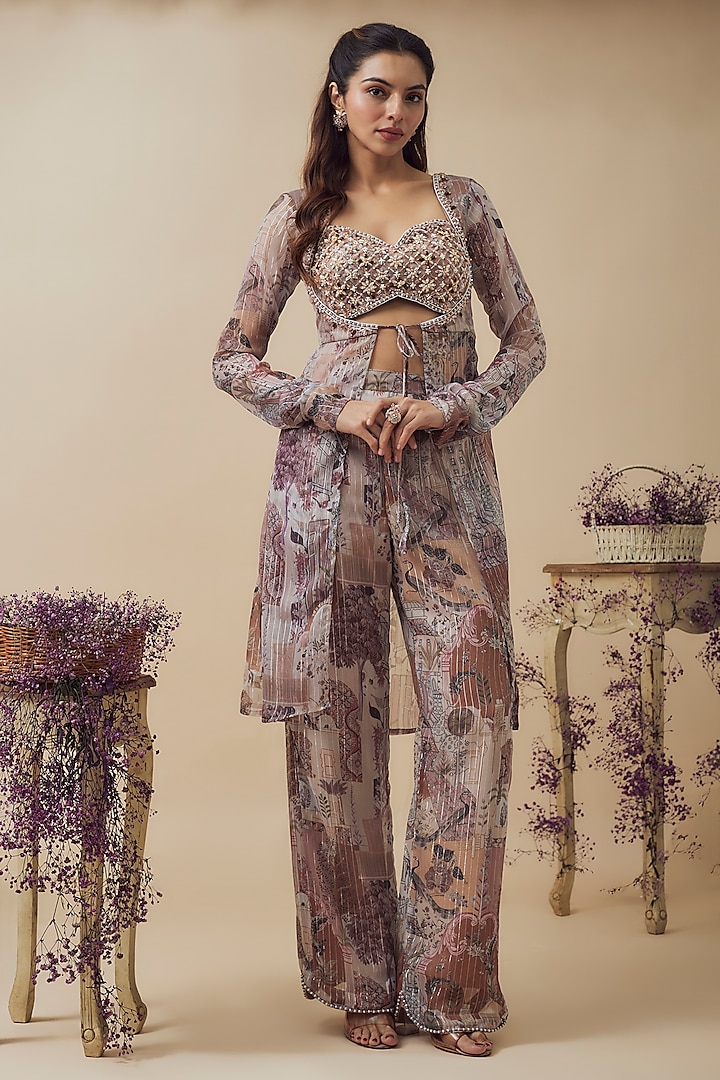 Beige Lurex Chiffon Digital Printed Co-Ord Set by VANA ETHNICS at Pernia's Pop Up Shop