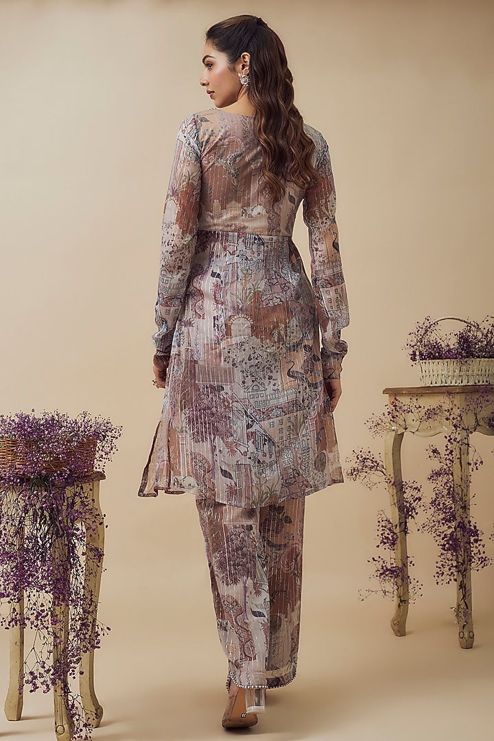 Beige Lurex Chiffon Digital Printed Co-Ord Set by VANA ETHNICS at Pernia's Pop Up Shop