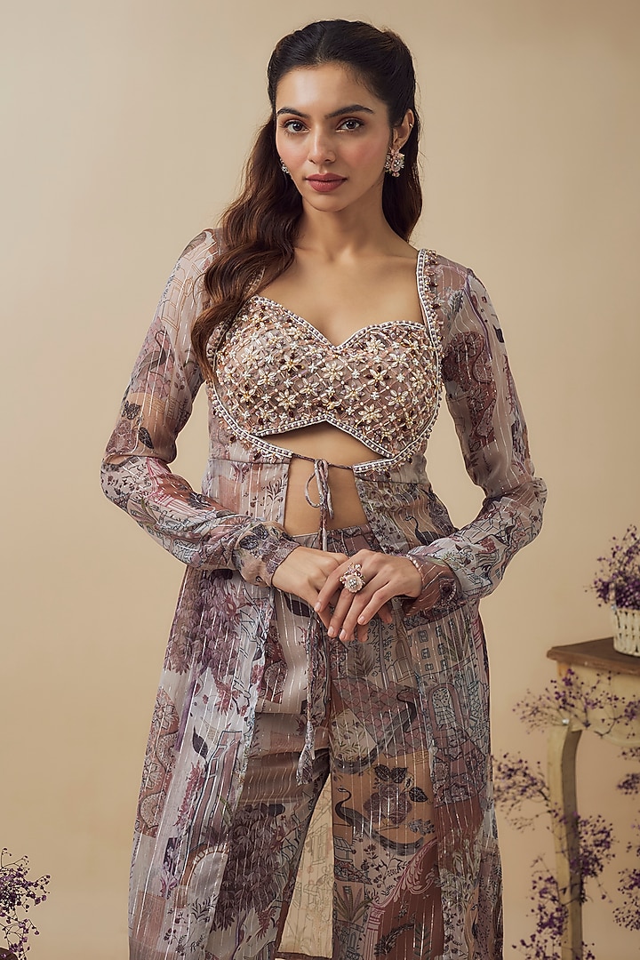 Beige Lurex Chiffon Digital Printed Co-Ord Set by VANA ETHNICS at Pernia's Pop Up Shop