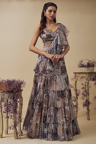 Beige Lurex Chiffon Digital Printed Draped Lehenga Set by VANA ETHNICS