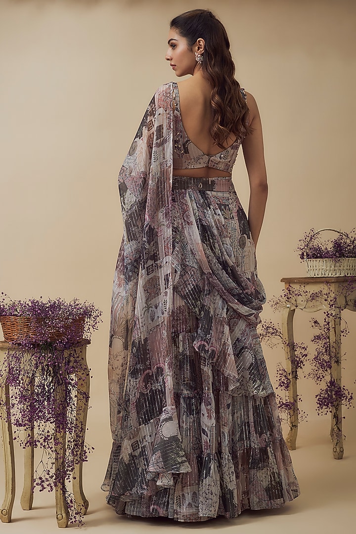Beige Lurex Chiffon Digital Printed Draped Wedding Lehenga Set by VANA ETHNICS at Pernia's Pop Up Shop