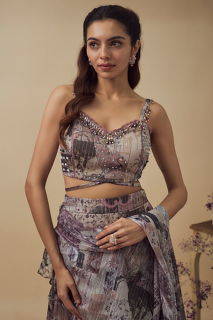 Beige Lurex Chiffon Digital Printed Draped Wedding Lehenga Set by VANA ETHNICS at Pernia's Pop Up Shop