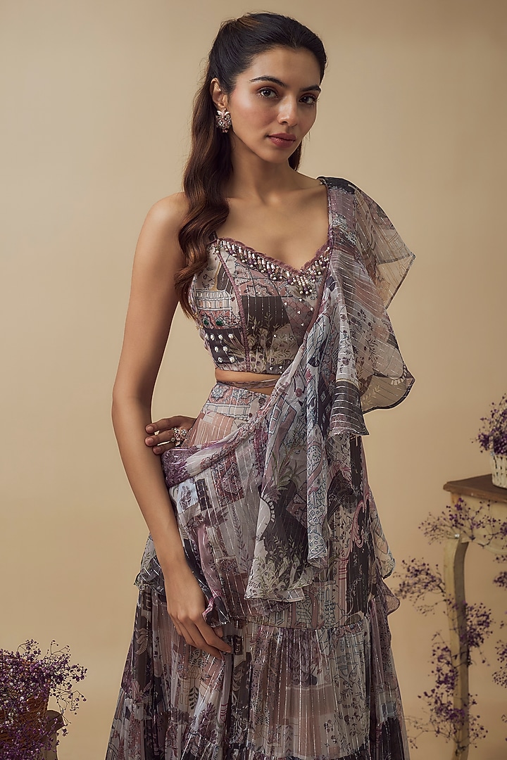 Beige Lurex Chiffon Digital Printed Draped Wedding Lehenga Set by VANA ETHNICS at Pernia's Pop Up Shop