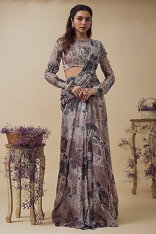 Beige Lurex Chiffon Digital Printed Ready-To-Wear Saree Set by VANA ETHNICS