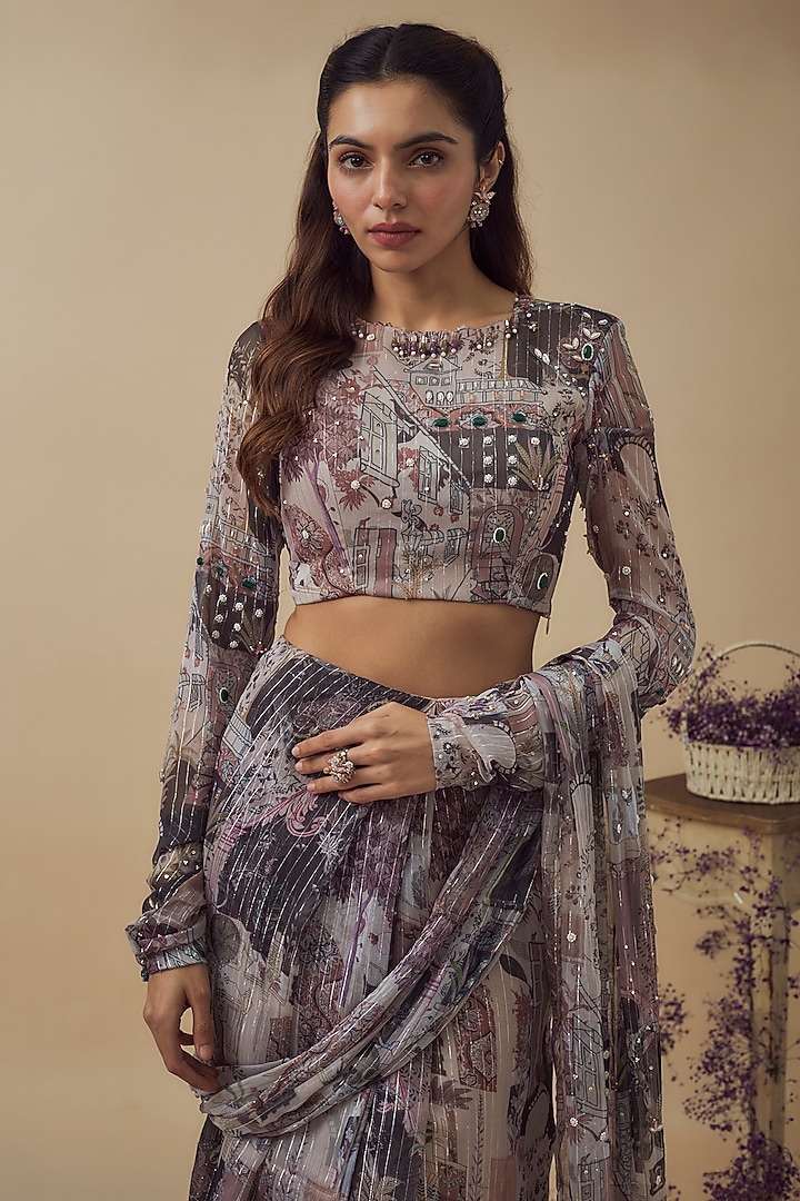 Beige Lurex Chiffon Digital Printed Ready-To-Wear Wedding Saree Set by VANA ETHNICS at Pernia's Pop Up Shop