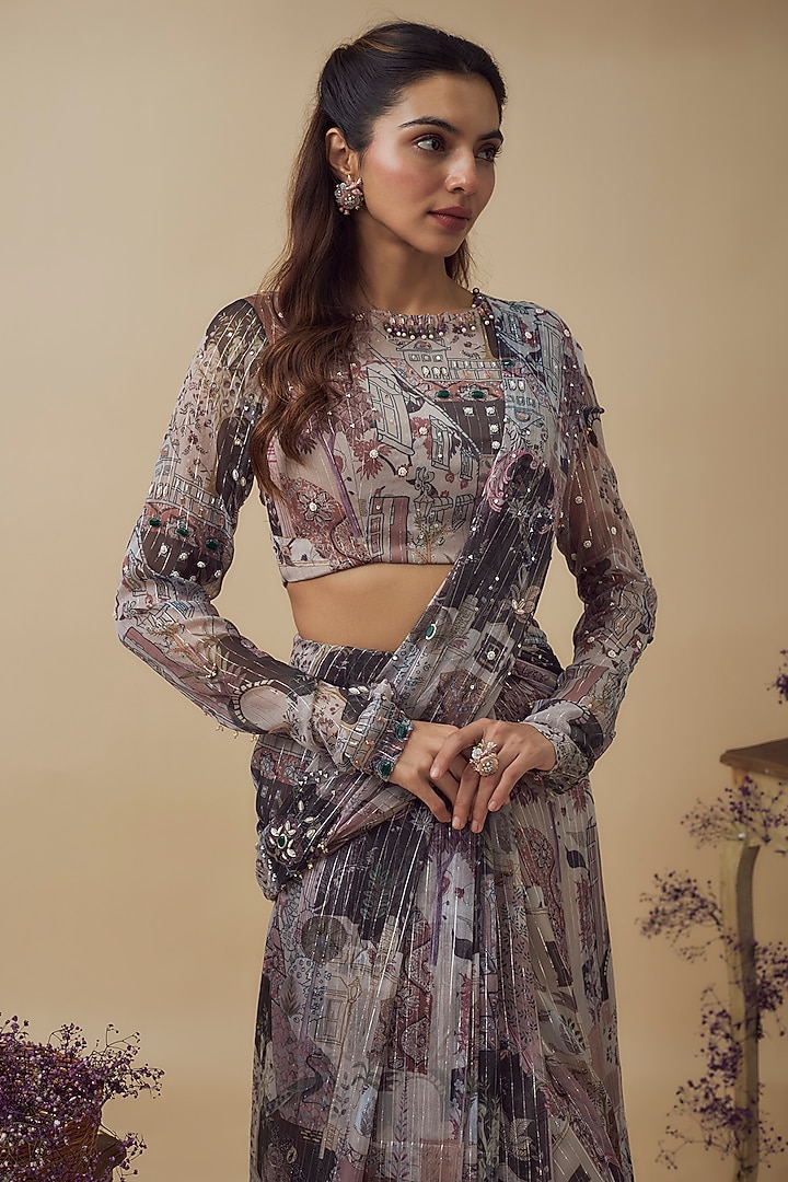 Beige Lurex Chiffon Digital Printed Ready-To-Wear Wedding Saree Set by VANA ETHNICS at Pernia's Pop Up Shop