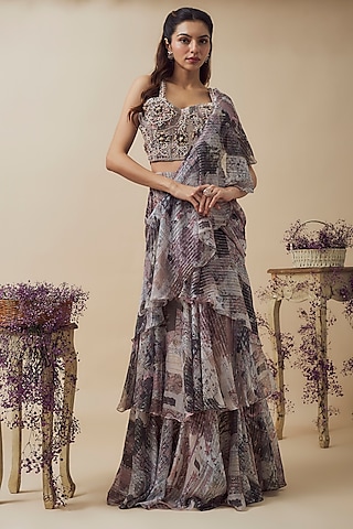 Beige Lurex Chiffon Digital Printed Ready-To-Wear Ruffled Saree Set by VANA ETHNICS