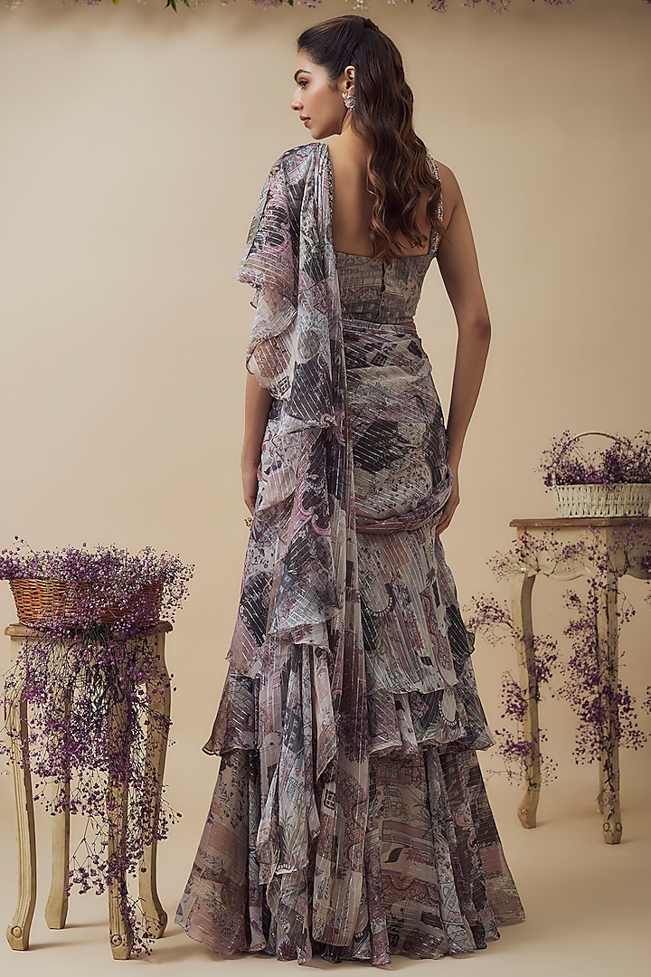Beige Lurex Chiffon Digital Printed Ready-To-Wear Ruffled Wedding Saree Set by VANA ETHNICS at Pernia's Pop Up Shop