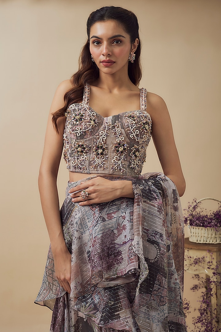 Beige Lurex Chiffon Digital Printed Ready-To-Wear Ruffled Wedding Saree Set by VANA ETHNICS at Pernia's Pop Up Shop
