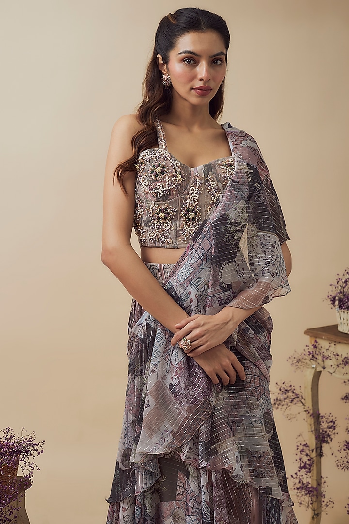 Beige Lurex Chiffon Digital Printed Ready-To-Wear Ruffled Wedding Saree Set by VANA ETHNICS at Pernia's Pop Up Shop