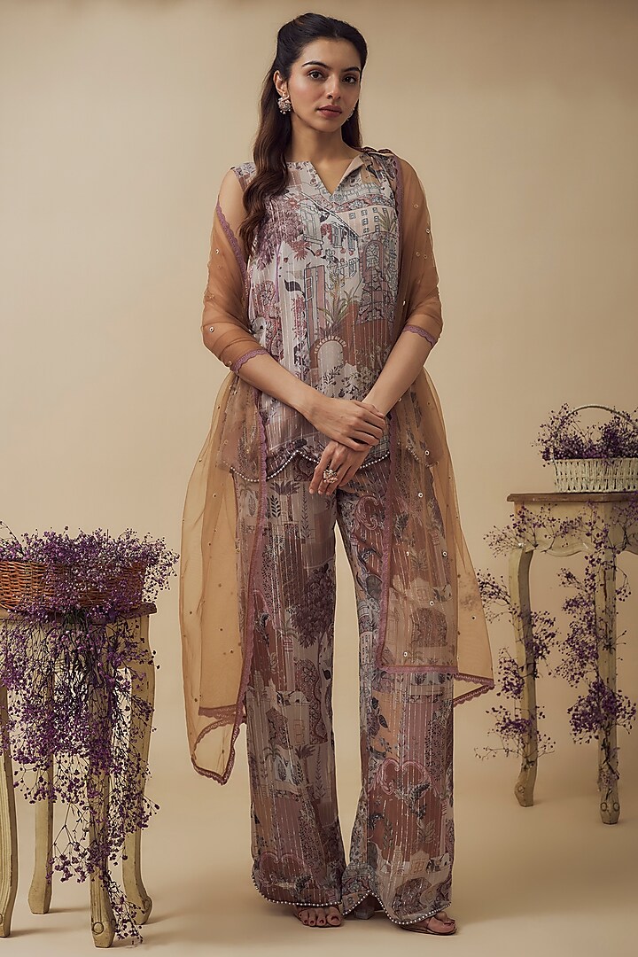 Beige Lurex Chiffon Digital Printed Pant Set by VANA ETHNICS at Pernia's Pop Up Shop