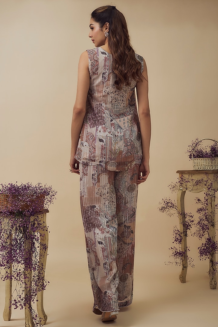 Beige Lurex Chiffon Digital Printed Pant Set by VANA ETHNICS at Pernia's Pop Up Shop