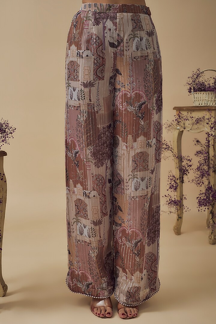 Beige Lurex Chiffon Digital Printed Pant Set by VANA ETHNICS at Pernia's Pop Up Shop