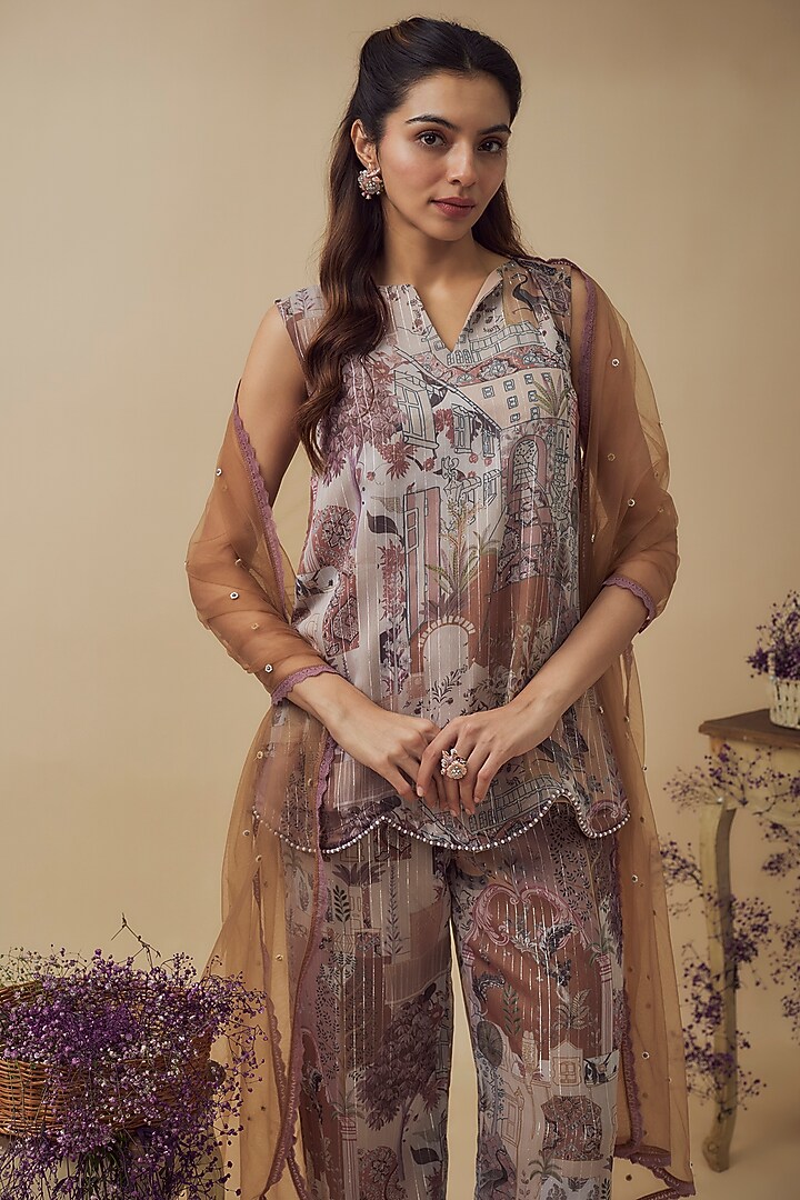Beige Lurex Chiffon Digital Printed Pant Set by VANA ETHNICS at Pernia's Pop Up Shop