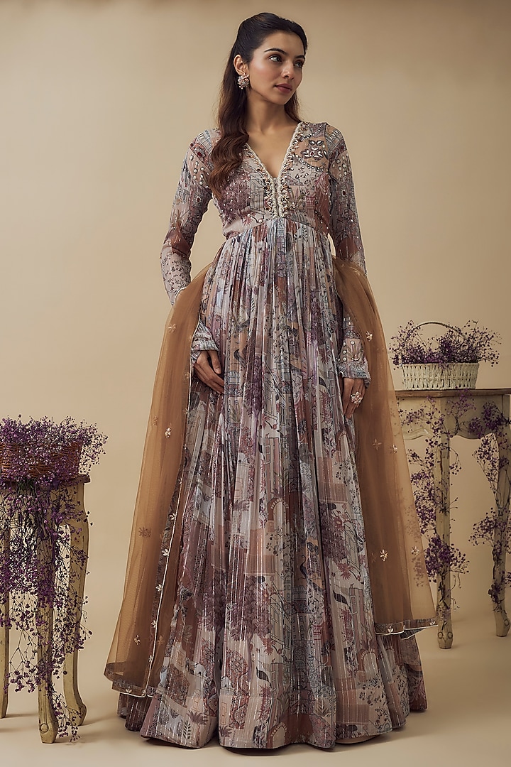 Beige Lurex Chiffon Digital Printed Gown With Dupatta by VANA ETHNICS