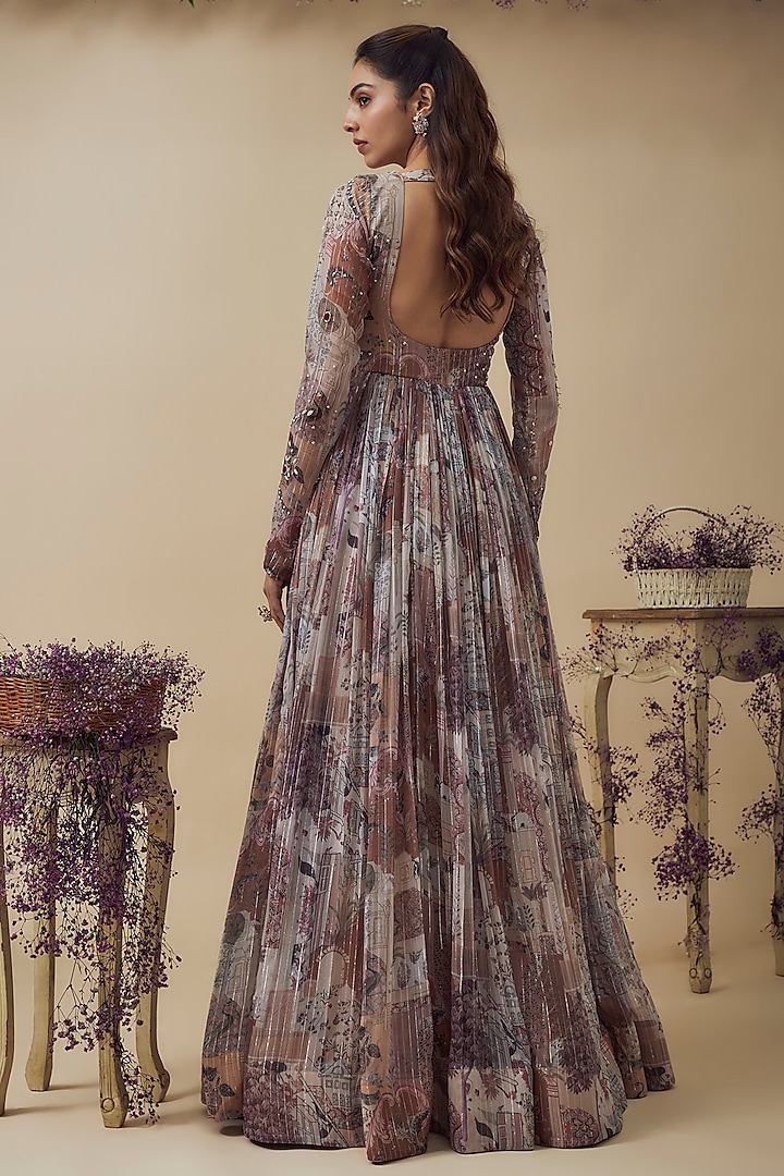 Beige Lurex Chiffon Digital Printed Engagement Gown With Dupatta by VANA ETHNICS at Pernia's Pop Up Shop