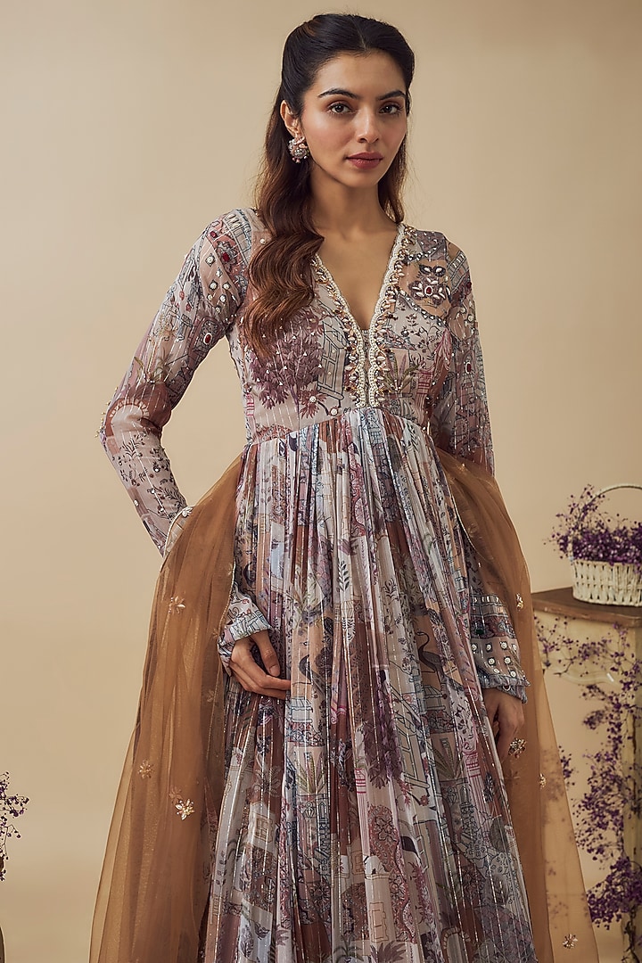 Beige Lurex Chiffon Digital Printed Engagement Gown With Dupatta by VANA ETHNICS at Pernia's Pop Up Shop