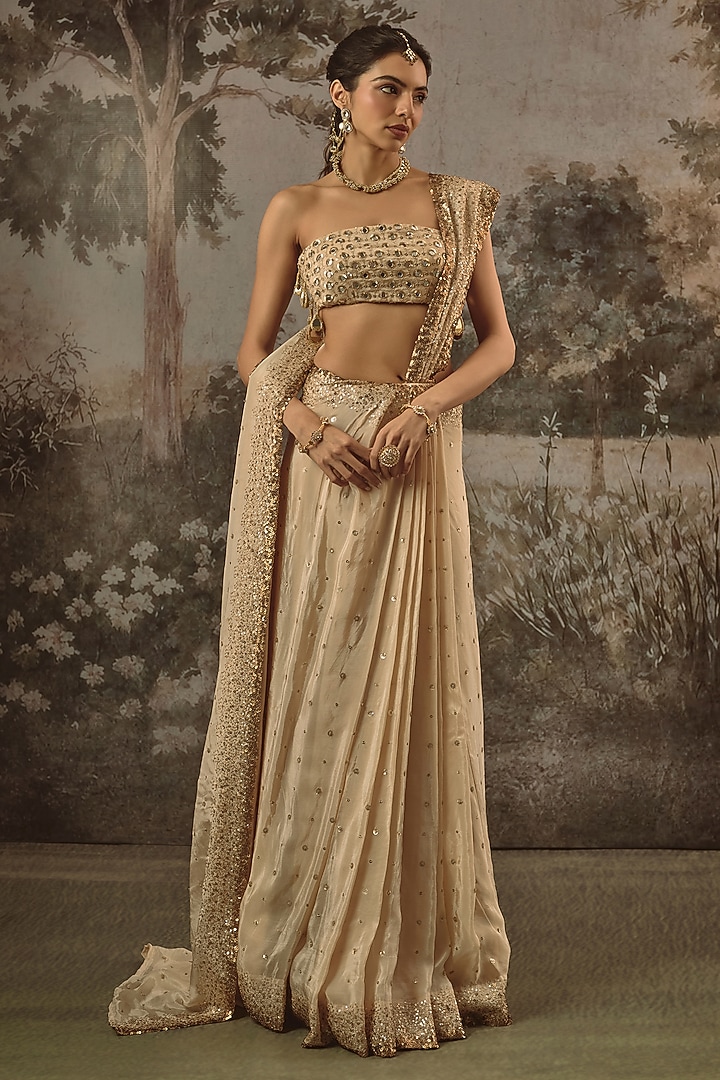 Ivory Organza Silk Sequin Embroidered Draped Wedding Lehenga Set For Girls by VANA ETHNICS at Pernia's Pop Up Shop