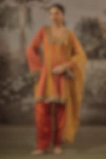 Mustard & Orange Organza Silk Sequin Embroidered Kurta Set by VANA ETHNICS at Pernia's Pop Up Shop