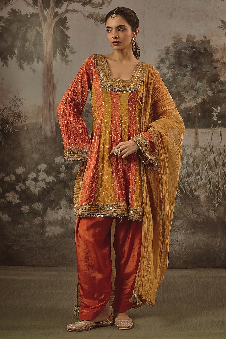 Mustard & Orange Organza Silk Sequin Embroidered Kurta Set by VANA ETHNICS at Pernia's Pop Up Shop