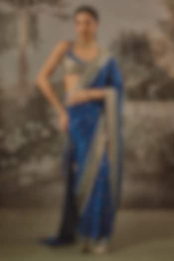 Royal Blue Organza Silk Sequin Embroidered Wedding Saree Set by VANA ETHNICS at Pernia's Pop Up Shop