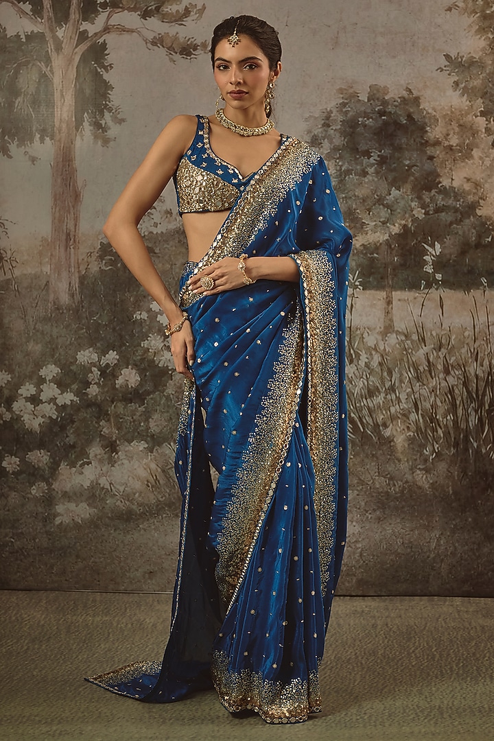Royal Blue Organza Silk Sequin Embroidered Wedding Saree Set by VANA ETHNICS at Pernia's Pop Up Shop