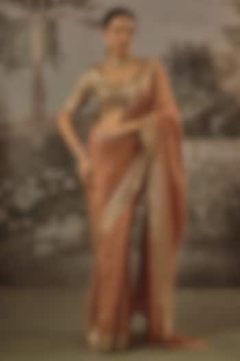 Dusty Brown Viscose Organza Silk Sequin Embroidered Party Wear Saree Set by VANA ETHNICS at Pernia's Pop Up Shop