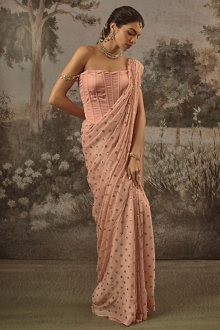 Blush Pink Viscose Chinon Sequin Embroidered Party Wear Saree Set by VANA ETHNICS at Pernia's Pop Up Shop