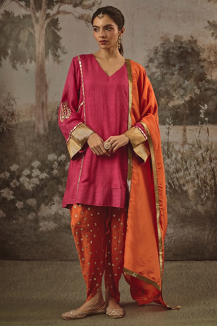 Pink & Orange Dola Silk Sequin Embroidered Kurta Set by VANA ETHNICS at Pernia's Pop Up Shop