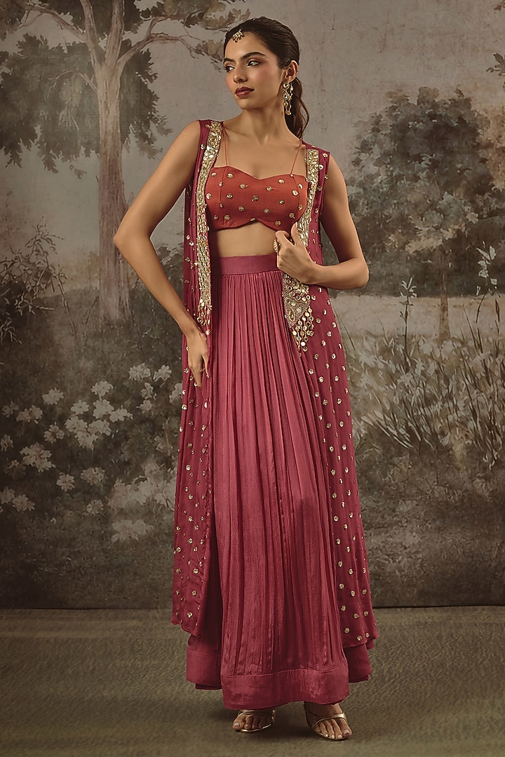 Raspberry Pink Viscose Chinon Sequin Embroidered Jacket Set by VANA ETHNICS at Pernia's Pop Up Shop