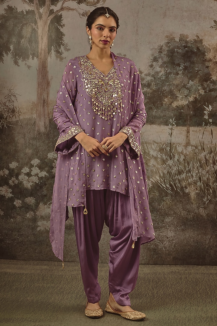Deep Purple Viscose Chinon Sequin Embroidered Kurta Set by VANA ETHNICS at Pernia's Pop Up Shop