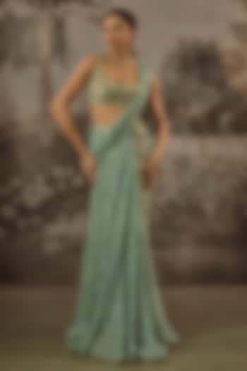 Pastel Aqua Blue Viscose Chinon Mirror Embroidered Wedding Saree Set by VANA ETHNICS at Pernia's Pop Up Shop