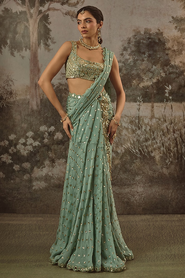 Pastel Aqua Blue Viscose Chinon Mirror Embroidered Wedding Saree Set by VANA ETHNICS at Pernia's Pop Up Shop