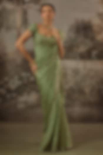 Sage Green Viscose Chinon Sequin Embroidered Party Wear Saree Set by VANA ETHNICS at Pernia's Pop Up Shop