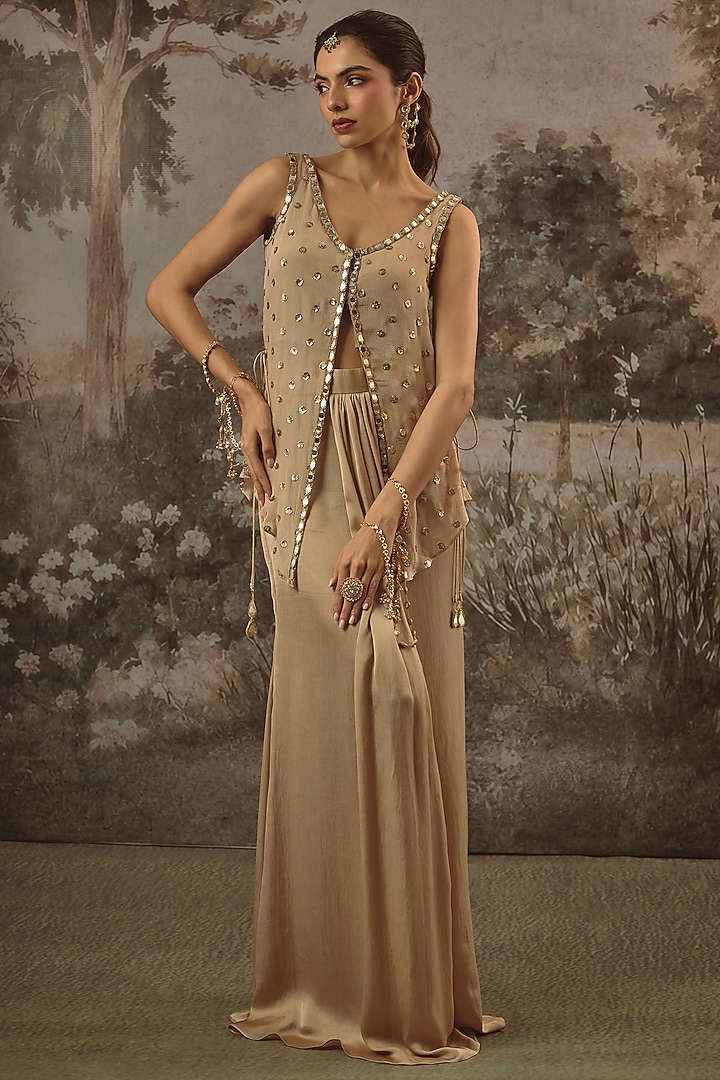 Taupe Modal Satin Pleated Skirt Set by VANA ETHNICS at Pernia's Pop Up Shop