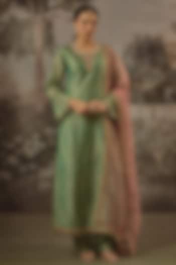 Sage Green Tissue Sequin Embroidered Kurta Set by VANA ETHNICS at Pernia's Pop Up Shop