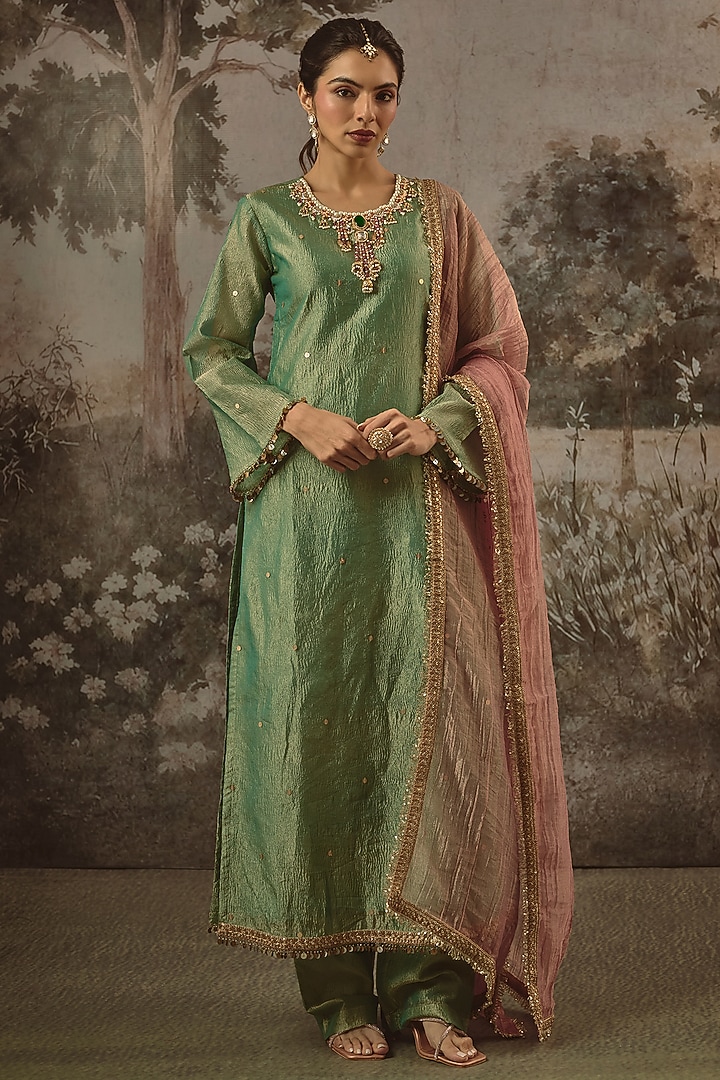Sage Green Tissue Sequin Embroidered Kurta Set by VANA ETHNICS at Pernia's Pop Up Shop
