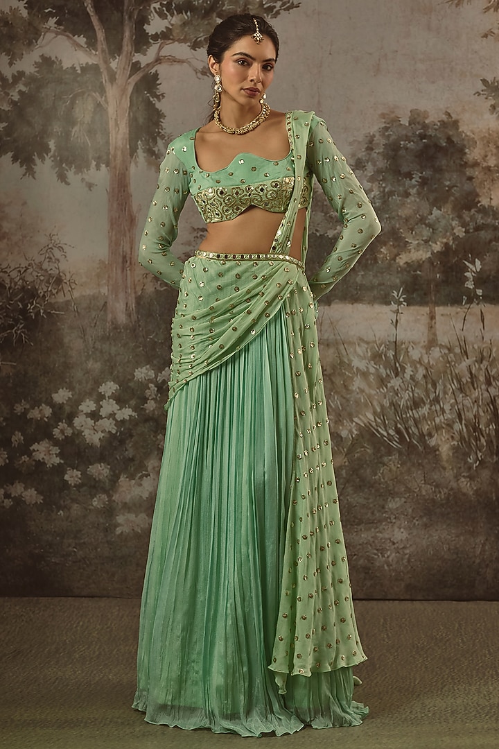 Mint Green & Sea Green Viscose Chinon Sequin Embroidered Draped Wedding Lehenga Set by VANA ETHNICS at Pernia's Pop Up Shop