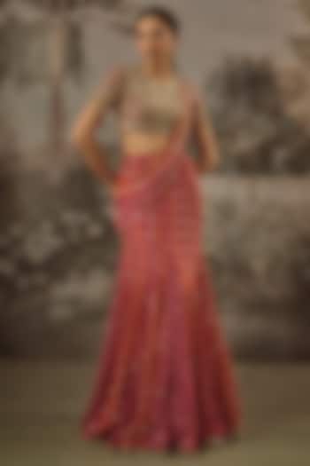 Raspberry Pink & Burnt Orange Viscose Chinon Sequin Embroidered Fish-Cut Wedding Lehenga Set by VANA ETHNICS at Pernia's Pop Up Shop