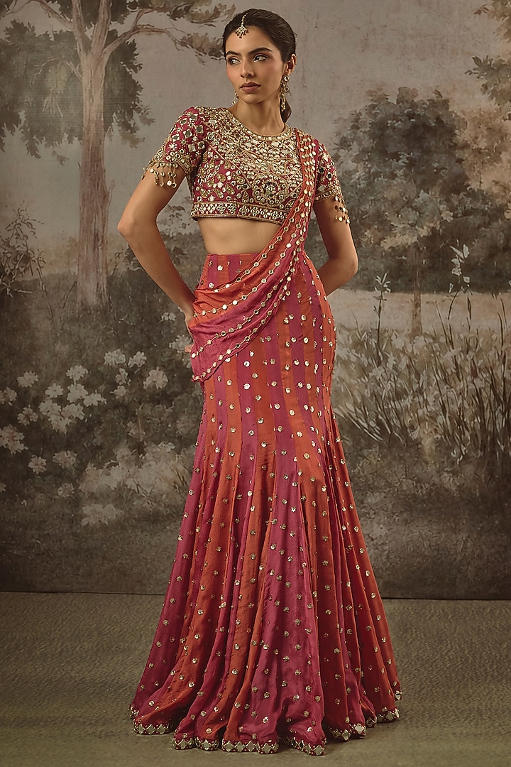 Raspberry Pink & Burnt Orange Viscose Chinon Sequin Embroidered Fish-Cut Wedding Lehenga Set by VANA ETHNICS at Pernia's Pop Up Shop