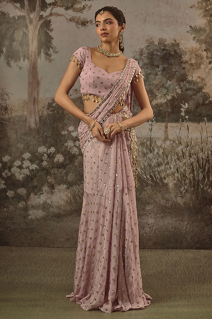 Lavender Viscose Chinon Sequin Embroidered Party Wear Saree Set by VANA ETHNICS at Pernia's Pop Up Shop