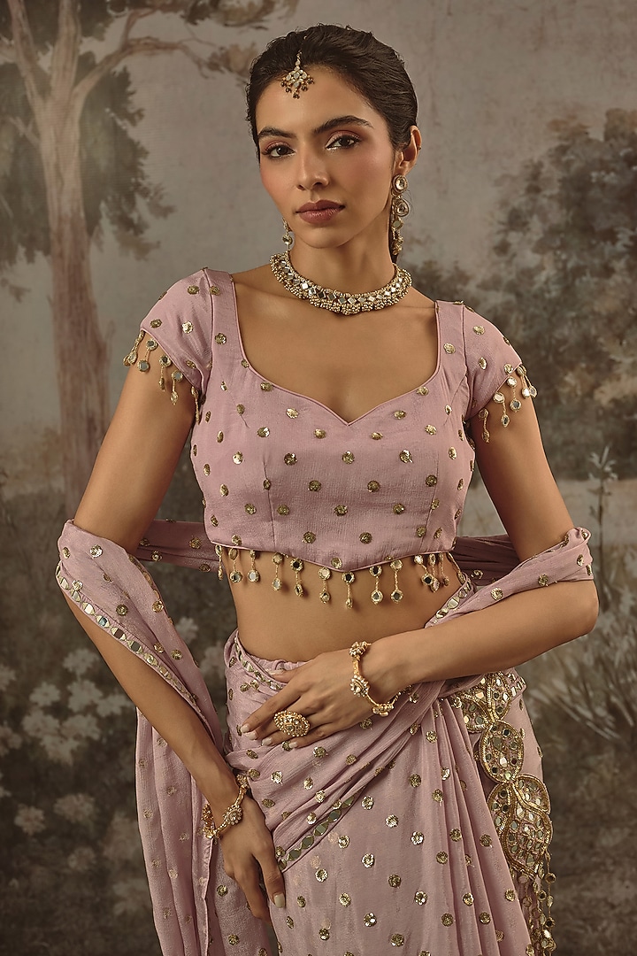 Lavender Viscose Chinon Sequin Embroidered Party Wear Saree Set by VANA ETHNICS at Pernia's Pop Up Shop