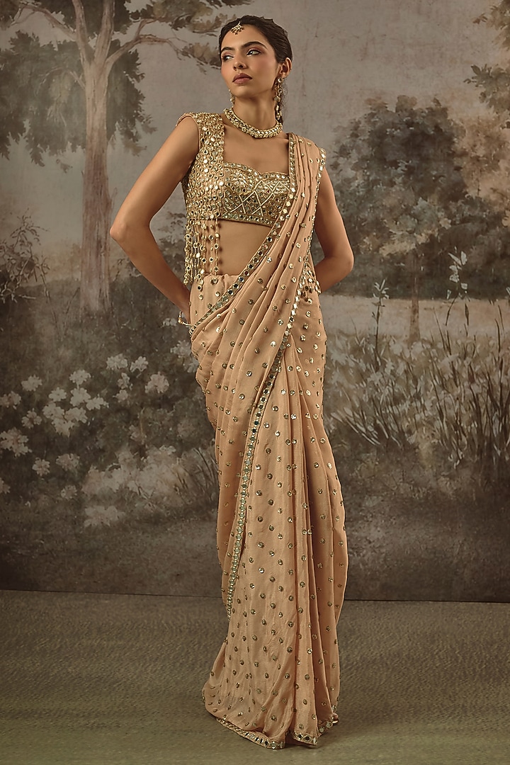 Champagne Viscose Chinon Sequin Embroidered Wedding Saree Set by VANA ETHNICS at Pernia's Pop Up Shop
