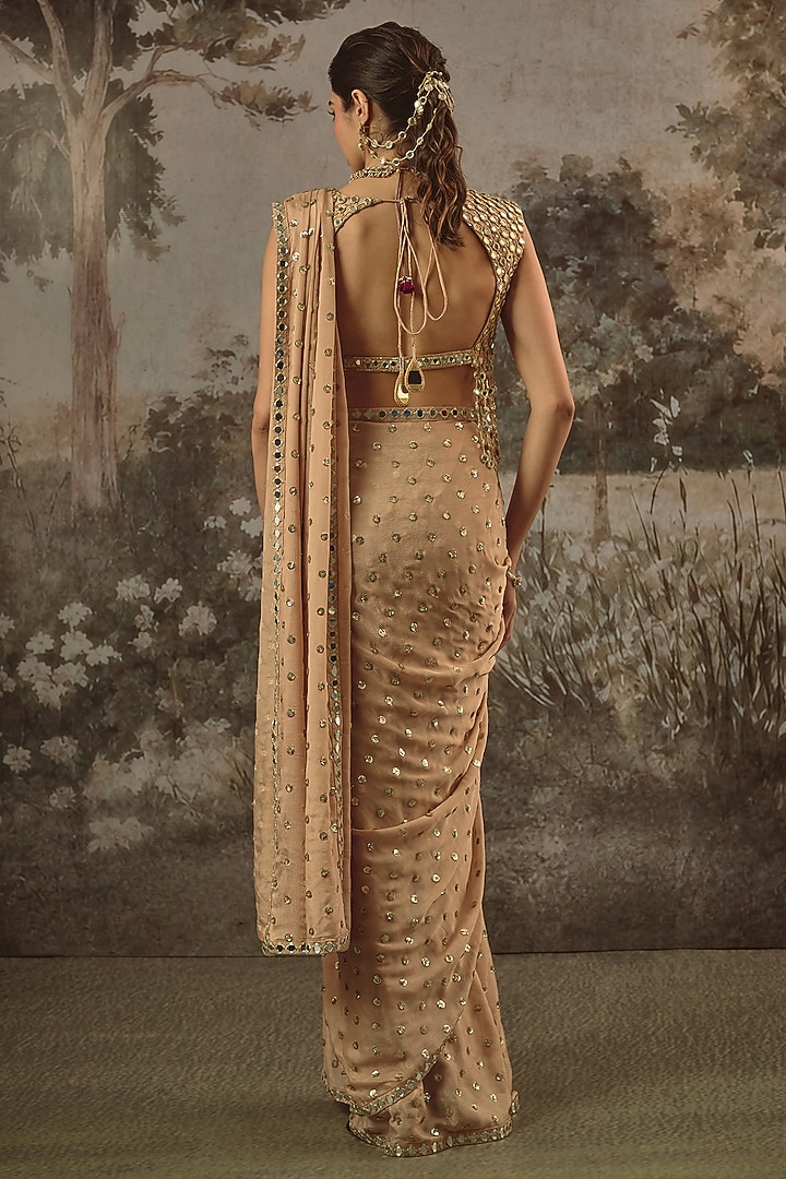 Champagne Viscose Chinon Sequin Embroidered Wedding Saree Set by VANA ETHNICS at Pernia's Pop Up Shop