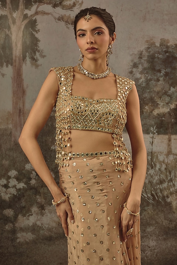 Champagne Viscose Chinon Sequin Embroidered Wedding Saree Set by VANA ETHNICS at Pernia's Pop Up Shop