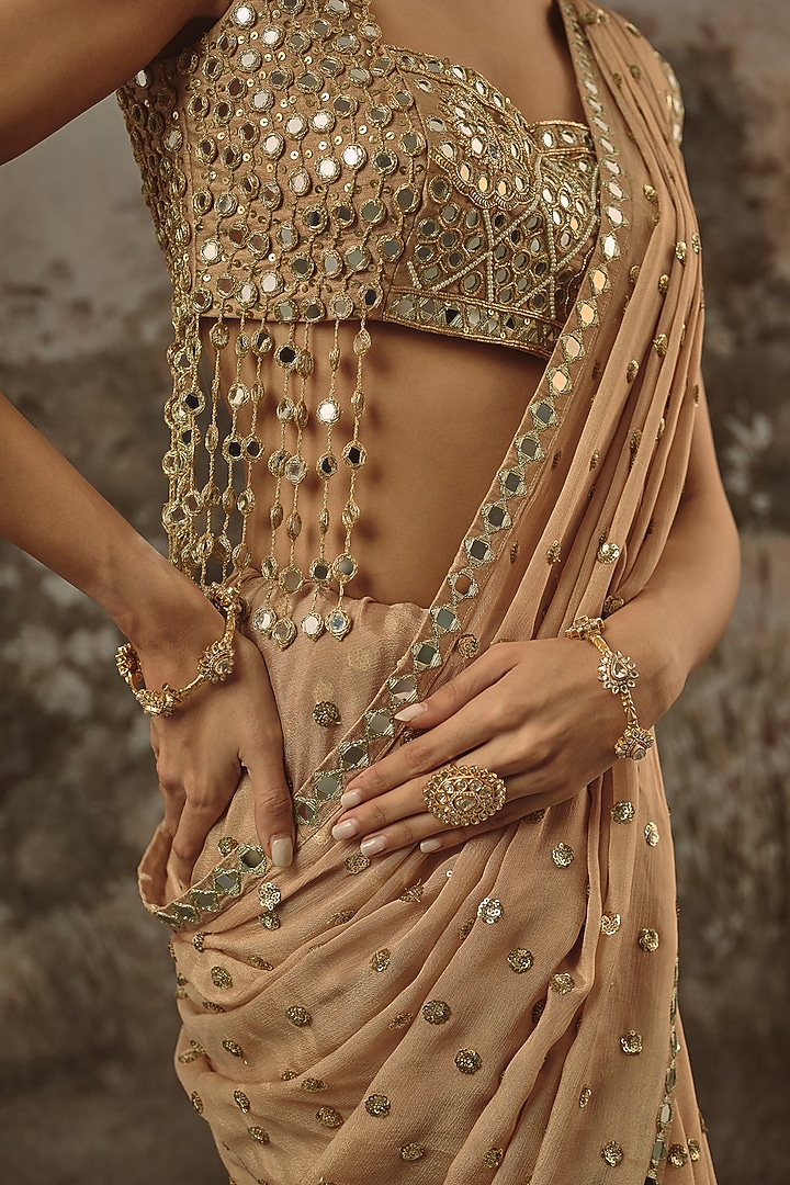 Champagne Viscose Chinon Sequin Embroidered Wedding Saree Set by VANA ETHNICS at Pernia's Pop Up Shop