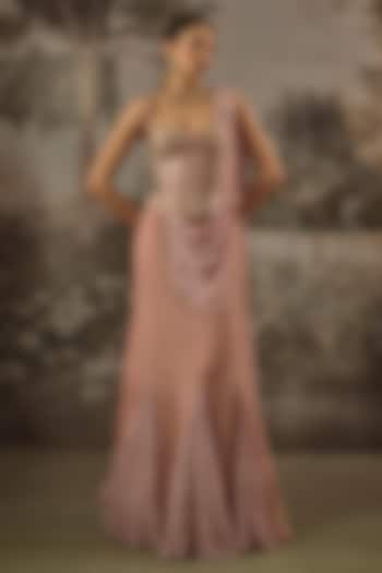 Dusty Rose & Dusty Lilac Viscose Chinon Sequin Embroidered Fish-Cut Wedding Lehenga Set by VANA ETHNICS at Pernia's Pop Up Shop