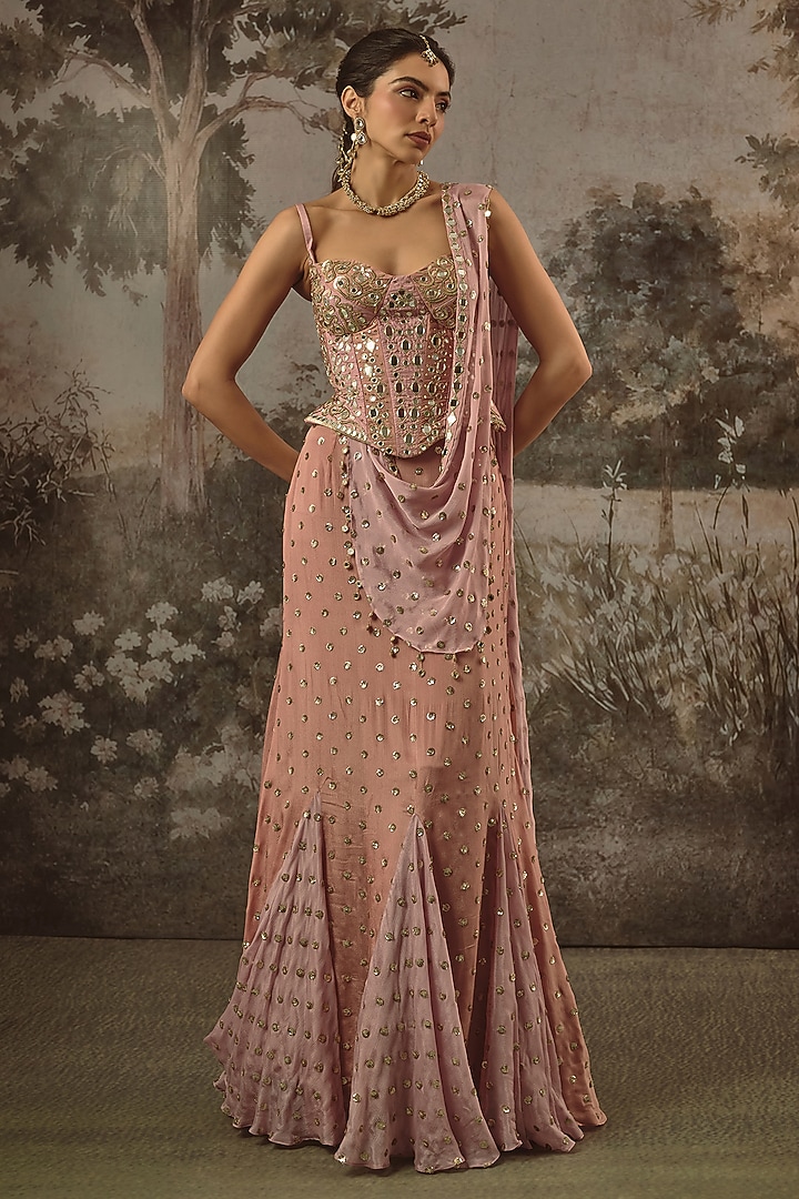 Dusty Rose & Dusty Lilac Viscose Chinon Sequin Embroidered Fish-Cut Wedding Lehenga Set by VANA ETHNICS at Pernia's Pop Up Shop