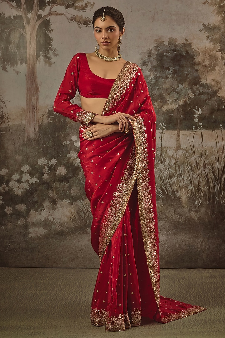 Red Organza Silk Sequin Embroidered Party Wear Saree Set by VANA ETHNICS at Pernia's Pop Up Shop