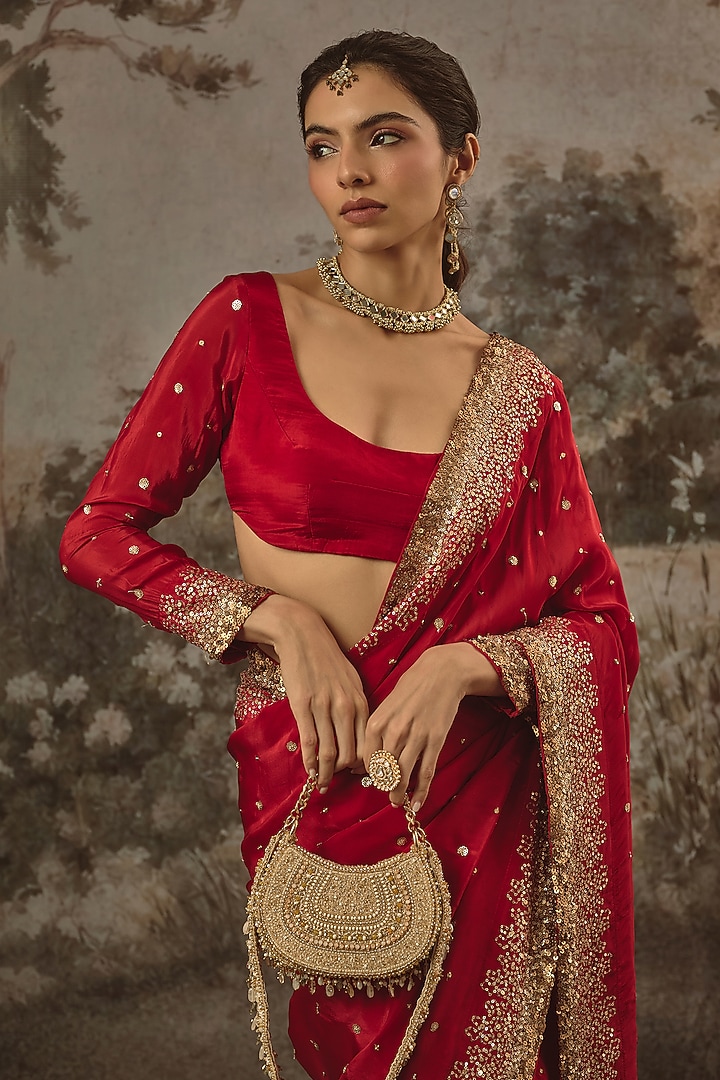 Red Organza Silk Sequin Embroidered Party Wear Saree Set by VANA ETHNICS at Pernia's Pop Up Shop